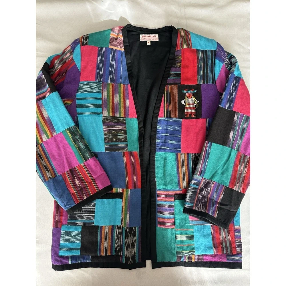 Vtg Big Jaguar Open‎ Jacket Guatemala Ikat Patchwork 3D Vaquero & Cowgirl Size M